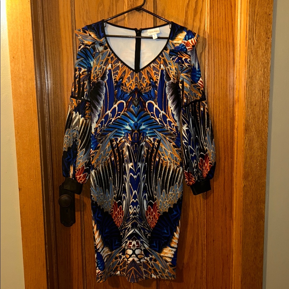 Bisou Bisou Multi Color Feather Print V Neck Faux Leather Bodycon Dress Size M